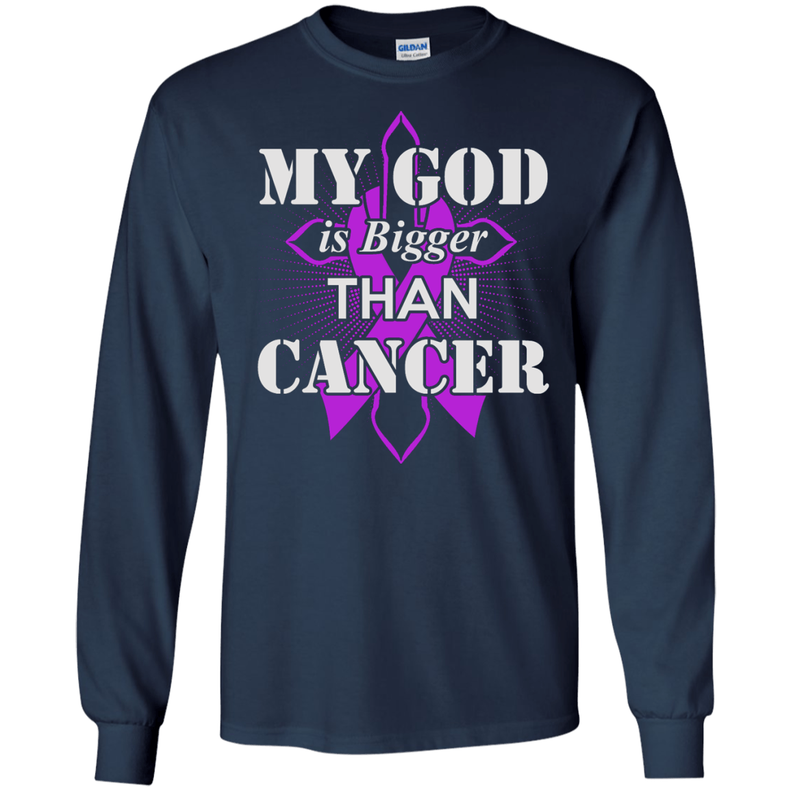 My God Is Bigger Than Cancer Violet Awareness Ribbon-T-Shirt & Hoodie-Long Sleeve T-Shirt-Navy