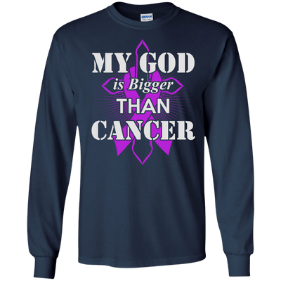 My God Is Bigger Than Cancer Violet Awareness Ribbon-T-Shirt & Hoodie-Long Sleeve T-Shirt-Navy