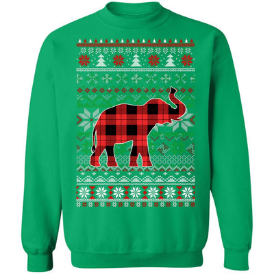 Elephant Red Plaid Ugly Christmas Sweater Funny Gifts-T-Shirt & Sweatshirt-Crewneck Sweatshirt-Irish Green