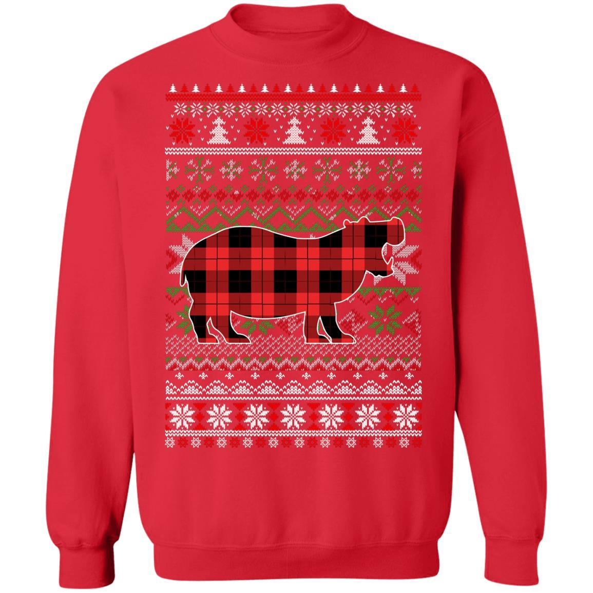 Hippo Red Plaid Ugly Christmas Sweater Funny Gifts-T-Shirt & Sweatshirt-Crewneck Sweatshirt-Red