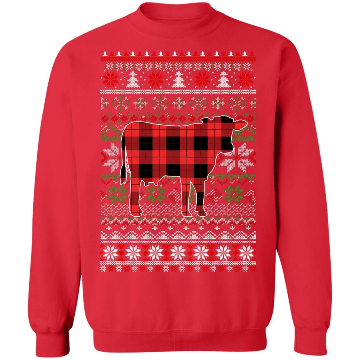 Cow Red Plaid Ugly Christmas Sweater Funny Gifts-T-Shirt & Sweatshirt-Crewneck Sweatshirt-Red