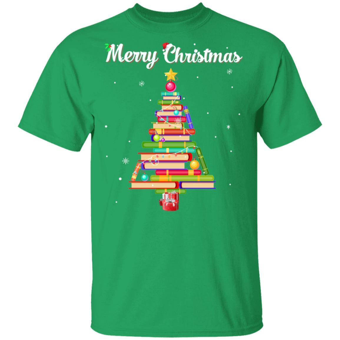 Merry Christmas Tree Love Reading Books Librarian-T-Shirt & Sweatshirt-Classic T-Shirt-Irish Green