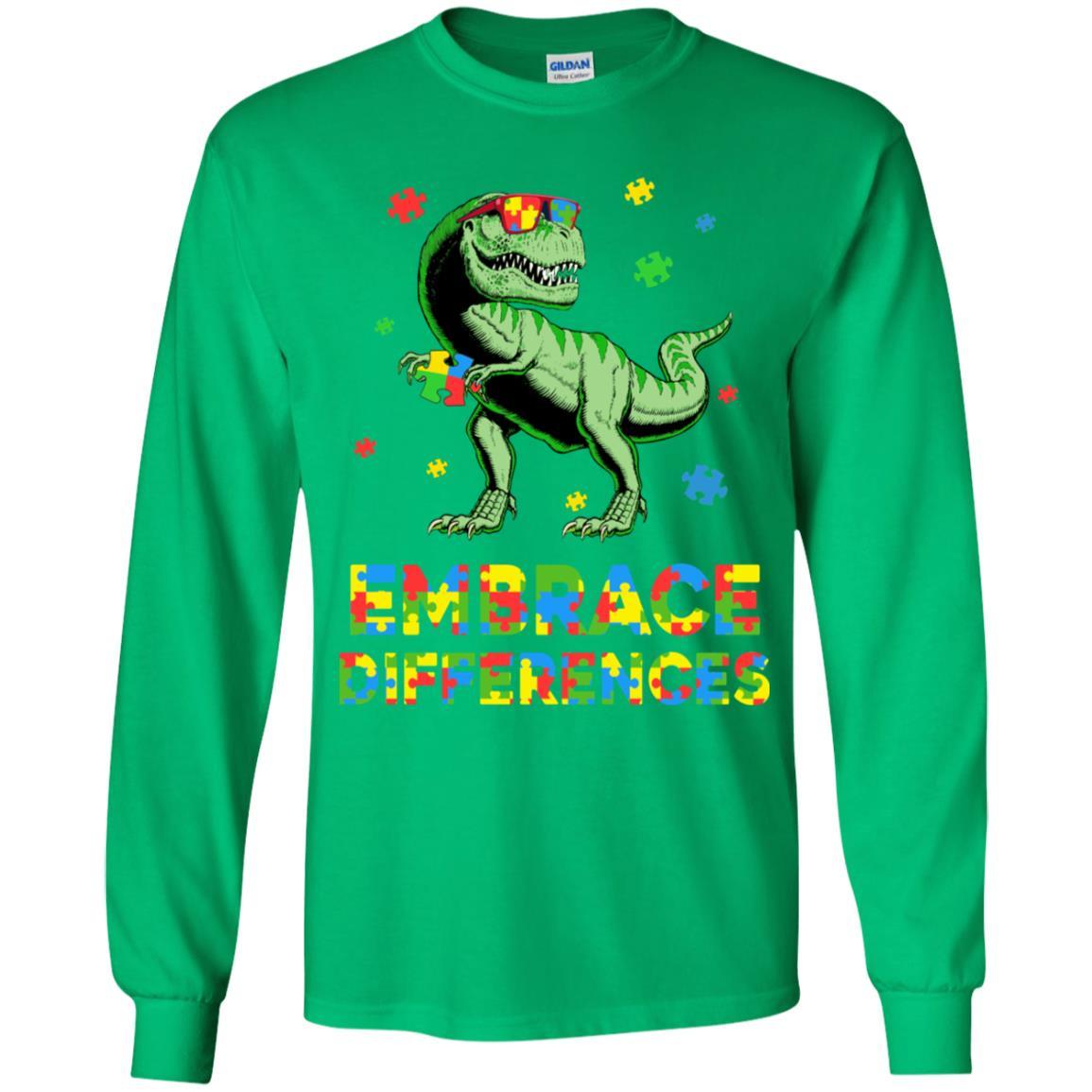 Dinosaur Puzzle Autism Awareness Embrace Differences Youth-Youth Shirt-Youth Long Sleeve T-Shirt-Irish Green