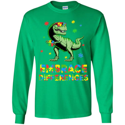 Dinosaur Puzzle Autism Awareness Embrace Differences Youth-Youth Shirt-Youth Long Sleeve T-Shirt-Irish Green