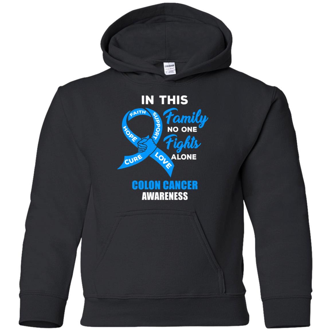 In This Family No One Fights Alone Colon Cancer Awareness Youth-Youth Shirt-Youth Pullover Hoodie-Black