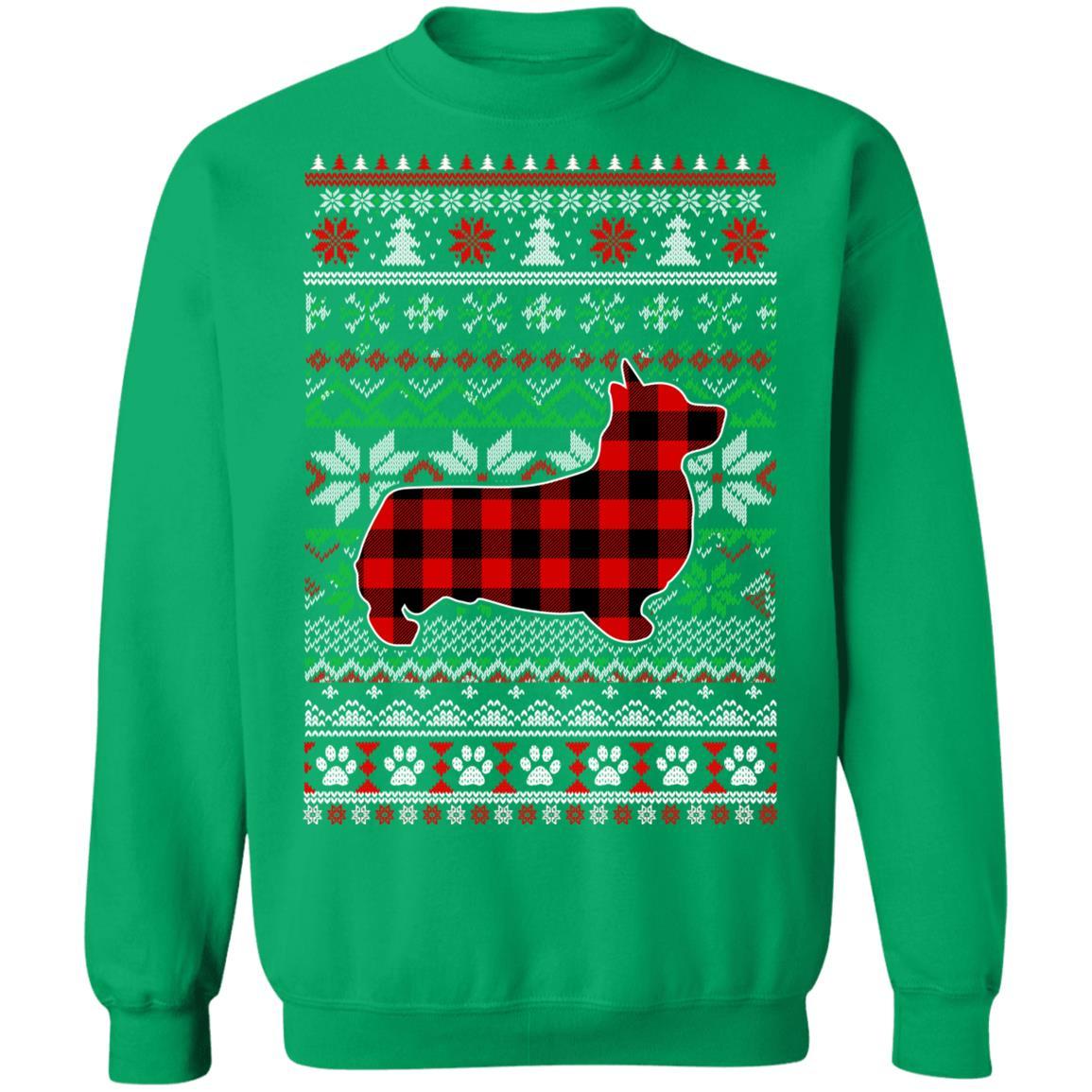 Corgi Red Plaid Ugly Christmas Sweater Gifts-T-Shirt & Sweatshirt-Crewneck Sweatshirt-Irish Green