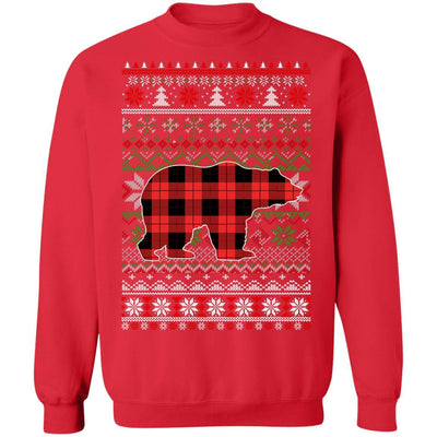 Bear Red Plaid Ugly Christmas Sweater Funny Gifts-T-Shirt & Sweatshirt-Crewneck Sweatshirt-Red