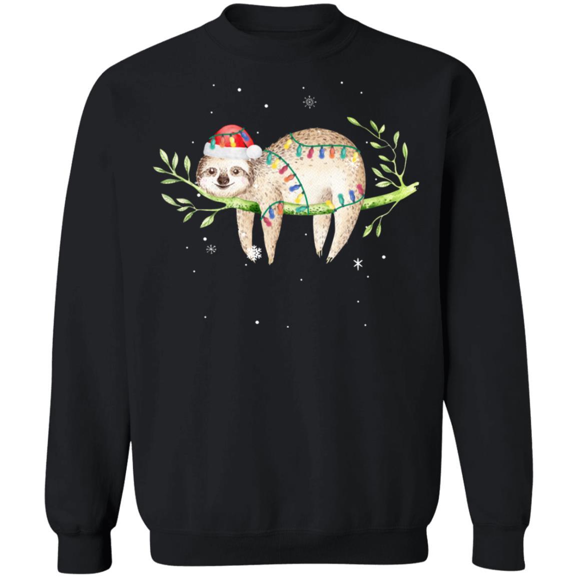 Santa Sloth Christmas Lights Sloth Lover Christmas Gift-T-Shirt & Sweatshirt-Crewneck Sweatshirt-Black