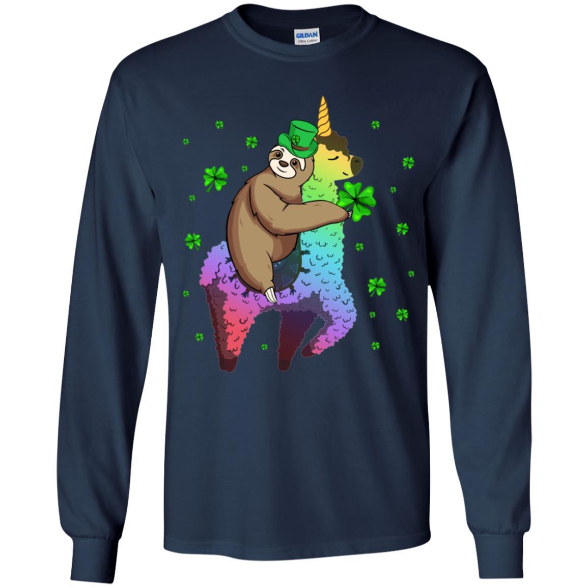 Leprechaun Sloth Riding Llama Unicorn St Patricks Day Youth-Youth Shirt-Youth Long Sleeve T-Shirt-Navy