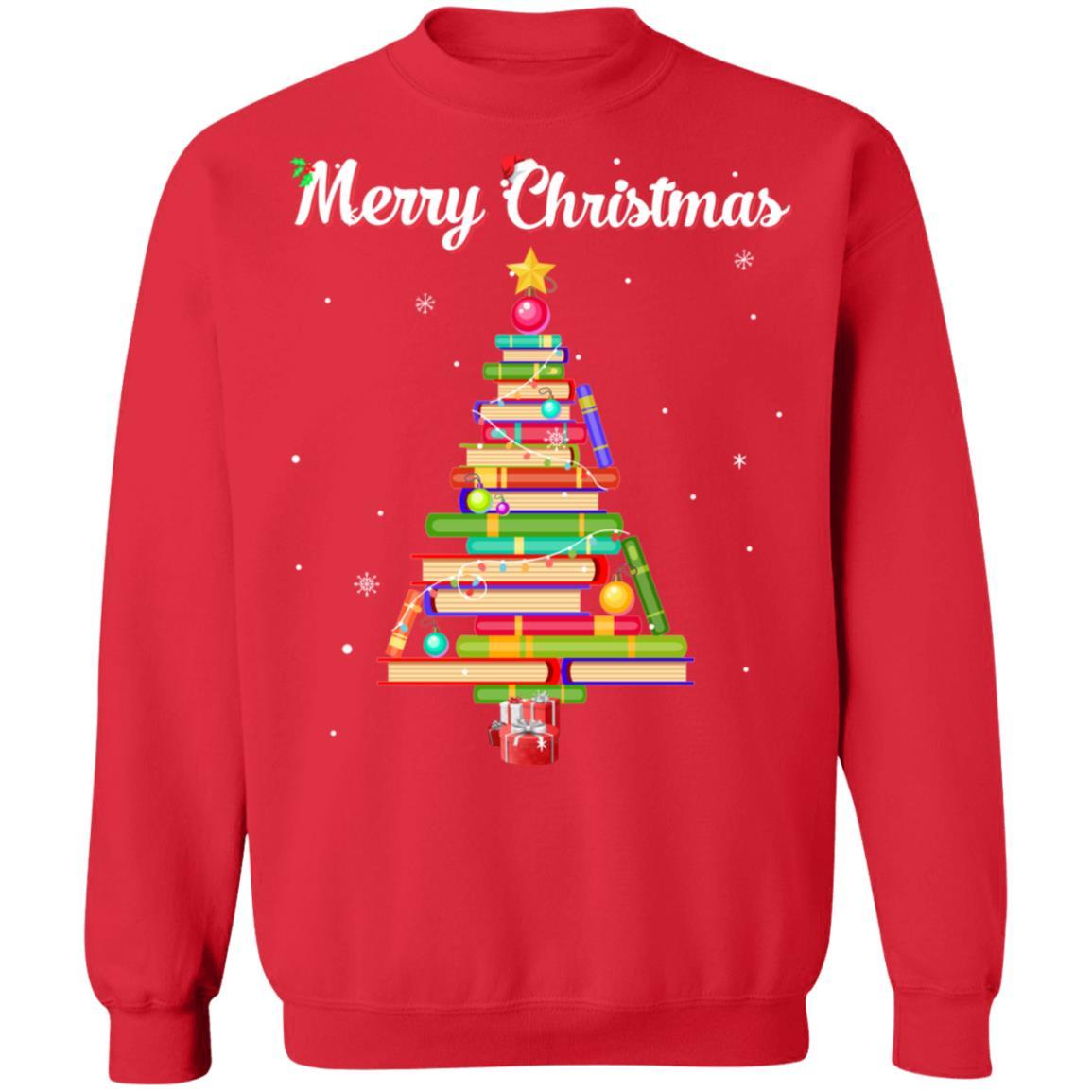 Merry Christmas Tree Love Reading Books Librarian-T-Shirt & Sweatshirt-Crewneck Sweatshirt-Red