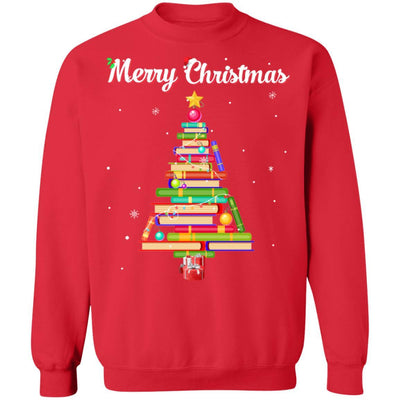 Merry Christmas Tree Love Reading Books Librarian-T-Shirt & Sweatshirt-Crewneck Sweatshirt-Red