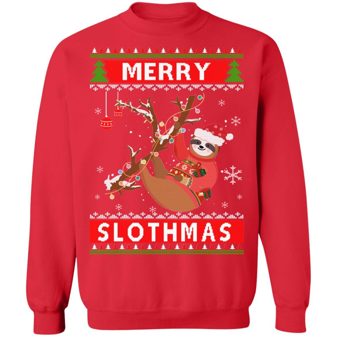 Merry Slothmas Christmas Pajama Sloth Lovers Ugly Sweater-T-Shirt & Sweatshirt-Crewneck Sweatshirt-Red
