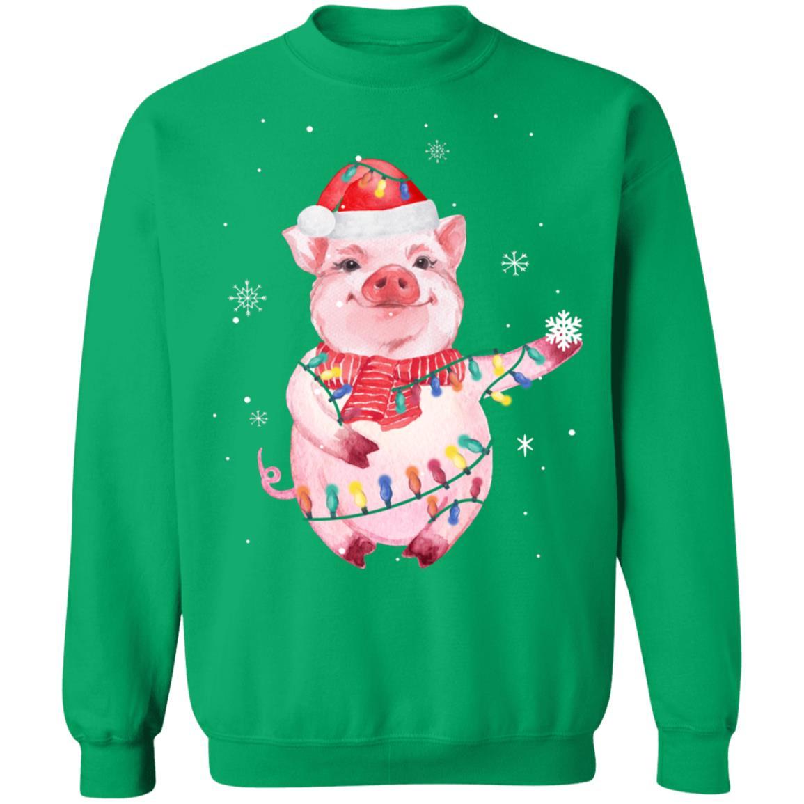 Santa Pig Christmas Lights Pig Lover Christmas Gift-T-Shirt & Sweatshirt-Crewneck Sweatshirt-Irish Green