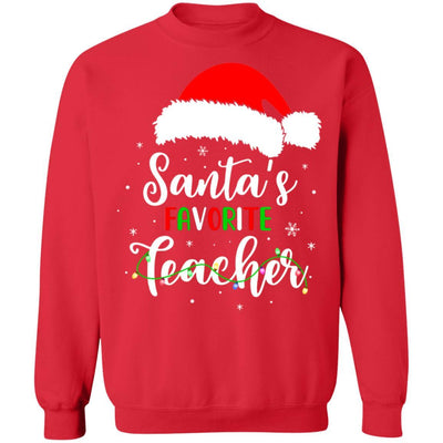 Santa's Favorite Teacher Santa Hat Christmas Light Gift-T-Shirt & Sweatshirt-Crewneck Sweatshirt-Red