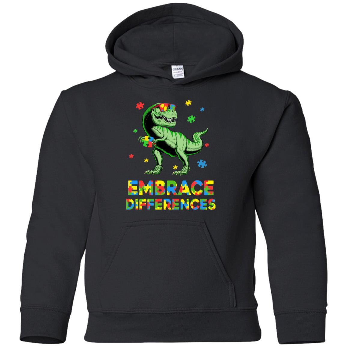 Dinosaur Puzzle Autism Awareness Embrace Differences Youth-Youth Shirt-Youth Pullover Hoodie-Black