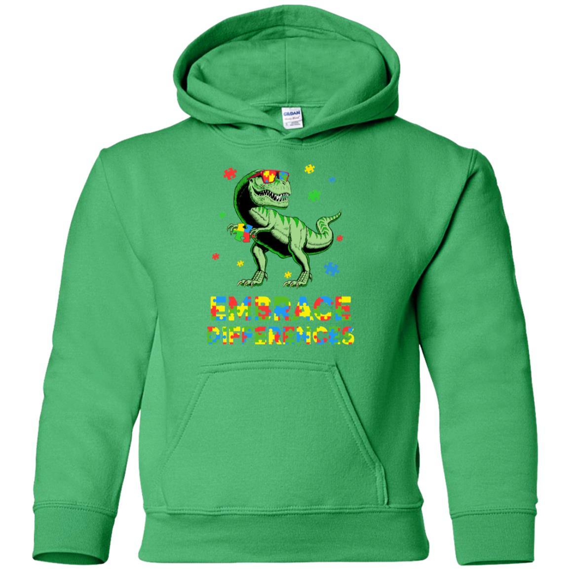 Dinosaur Puzzle Autism Awareness Embrace Differences Youth-Youth Shirt-Youth Pullover Hoodie-Irish Green