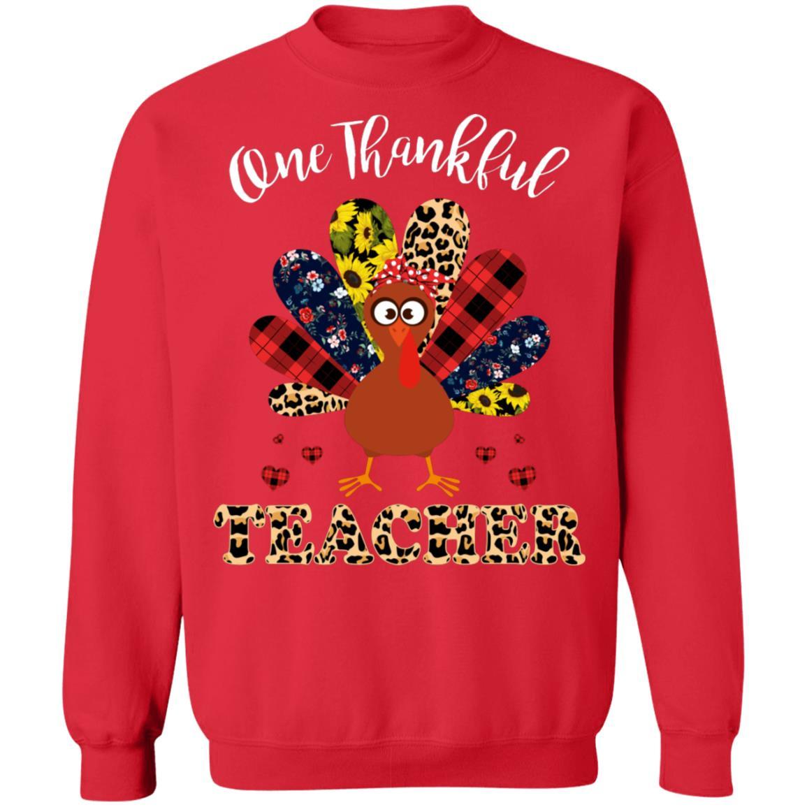 One Thankful Teacher Leopard Turkey Thanksgiving Gift-T-Shirt & Sweatshirt-Crewneck Sweatshirt-Red