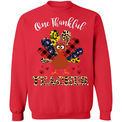One Thankful Teacher Leopard Turkey Thanksgiving Gift-T-Shirt & Sweatshirt-Crewneck Sweatshirt-Red