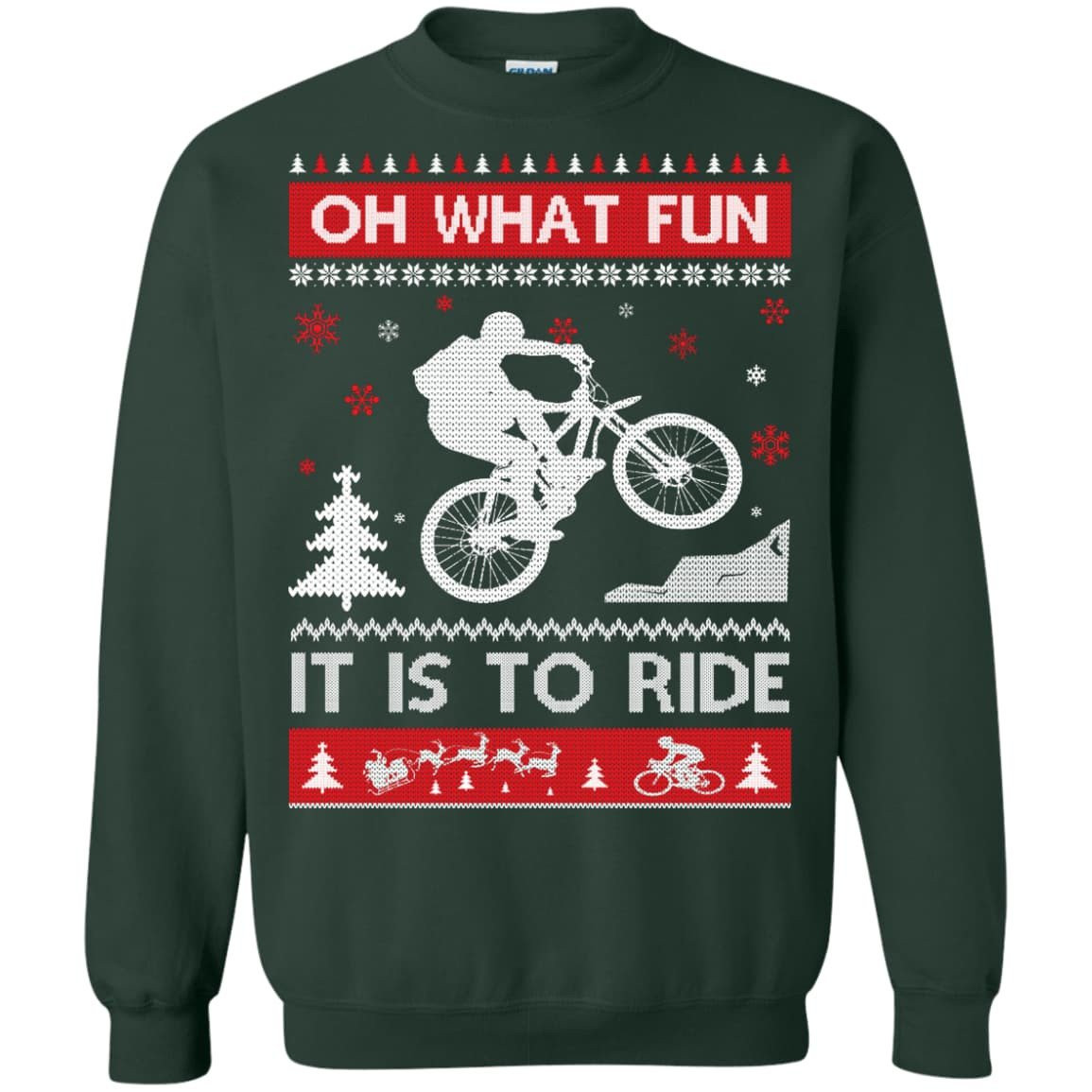 Bicycle Sweater Christmas Oh What Fun It Is To Ride-T-Shirt & Hoodie-Crewneck Sweatshirt-Forest Green