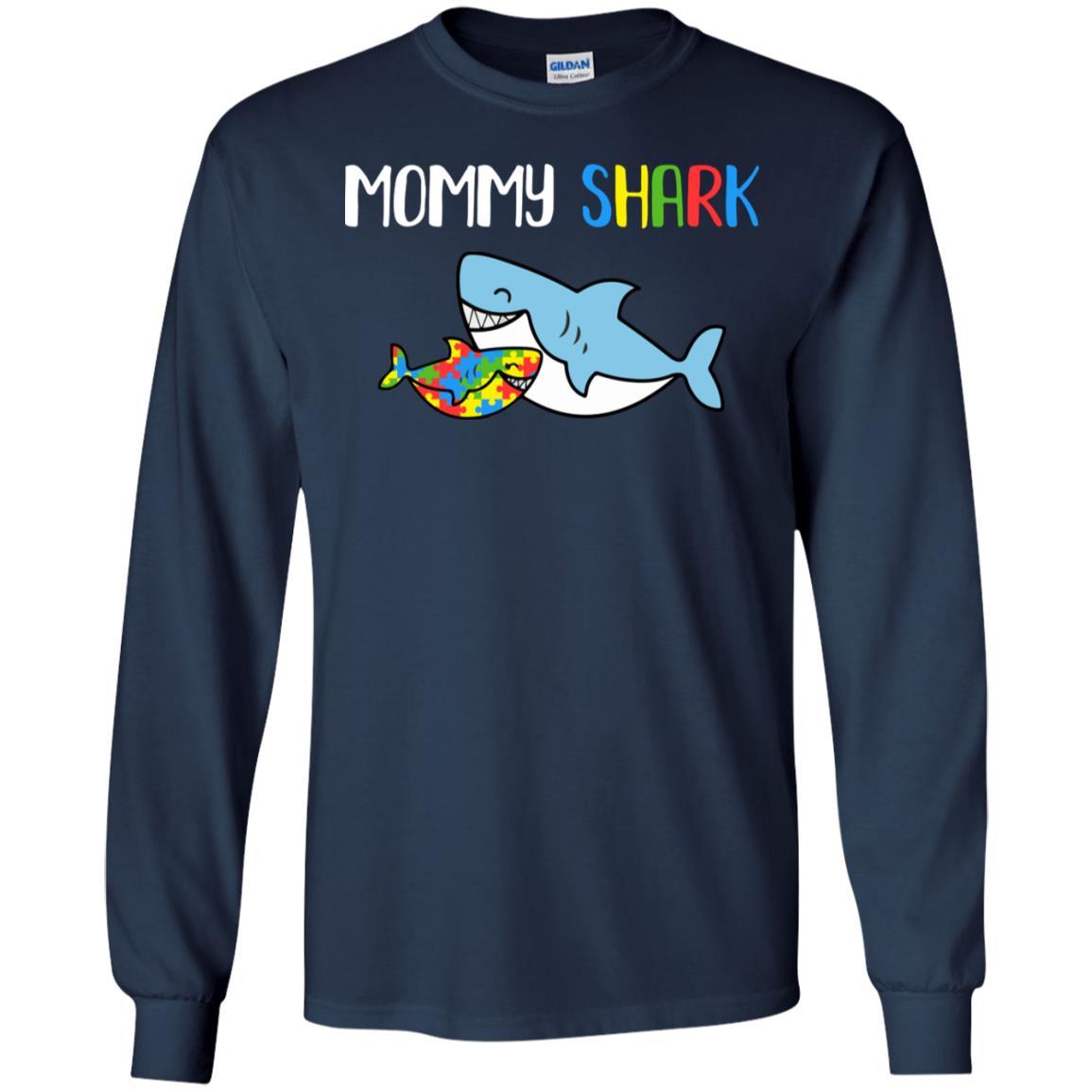Mommy Shark Support Autism Awareness For Child-T-Shirt & Hoodie-Long Sleeve T-Shirt-Navy