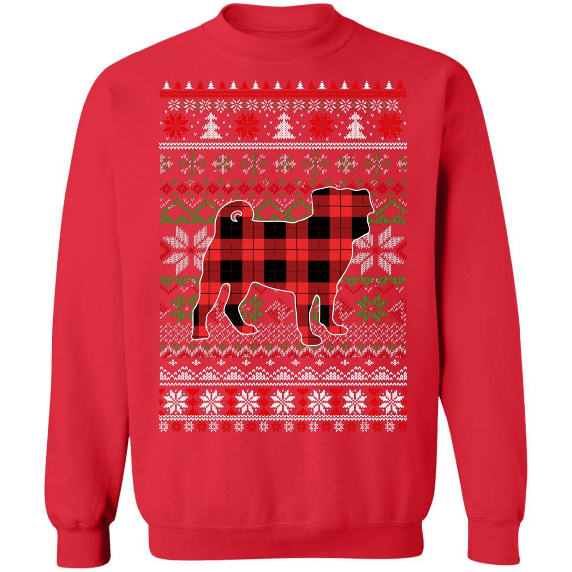 Pug Red Plaid Ugly Christmas Sweater Funny Gifts-T-Shirt & Sweatshirt-Crewneck Sweatshirt-Red