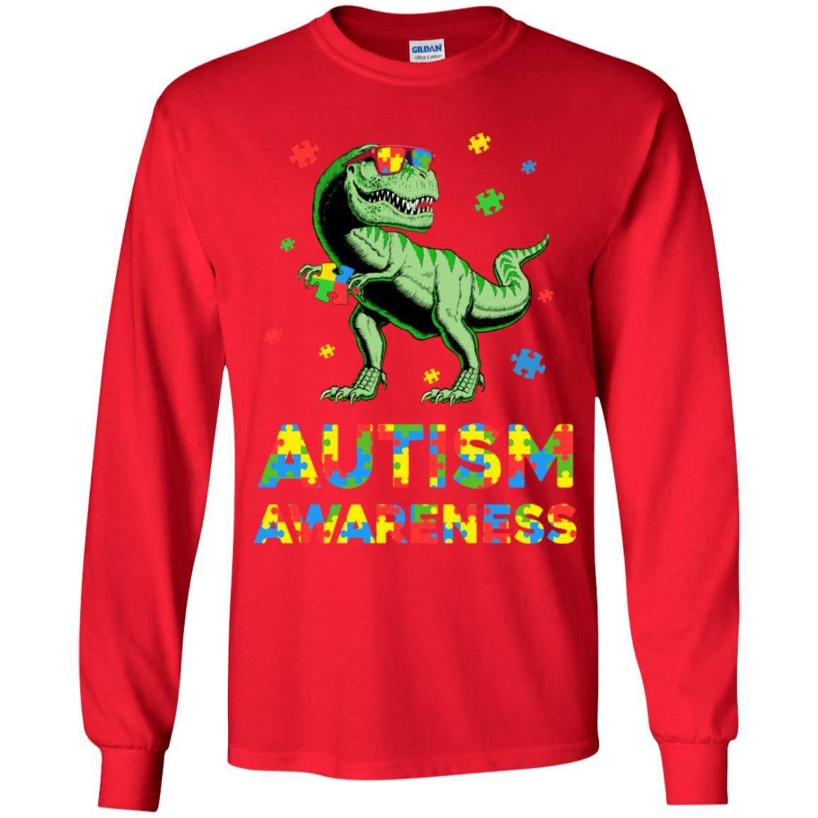Dinosaur Puzzle Autism Awareness For Boys Girls Youth-Youth Shirt-Youth Long Sleeve T-Shirt-Red