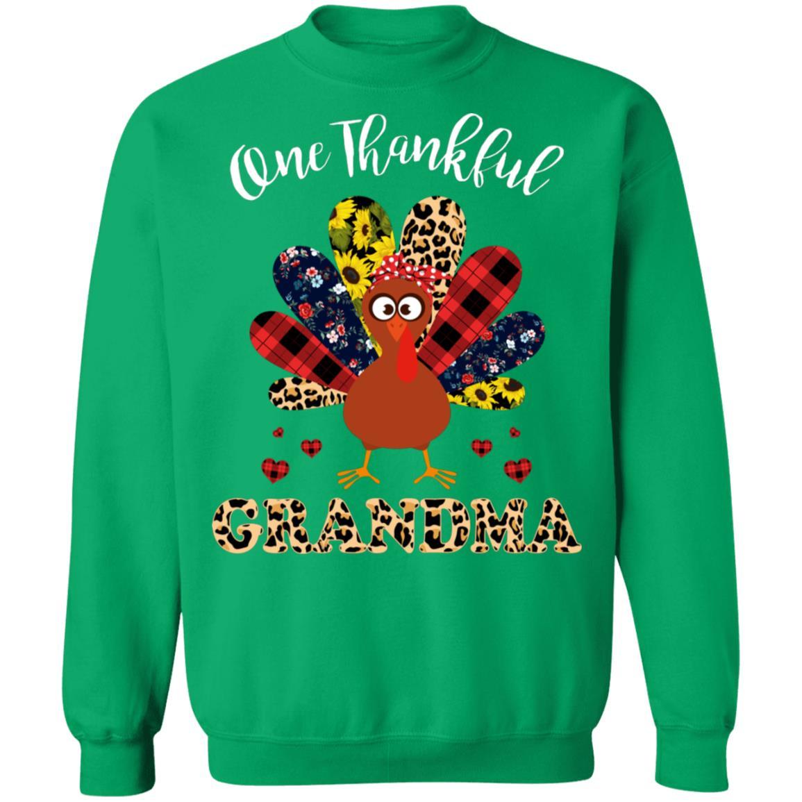 One Thankful Grandma Leopard Turkey Thanksgiving Gift-T-Shirt & Sweatshirt-Crewneck Sweatshirt-Irish Green