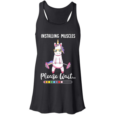 Installing Muscles Please Wait Funny Unicorn Fitness-T-Shirt & Tank Top-Women's Flowy Racerback Tank-Black