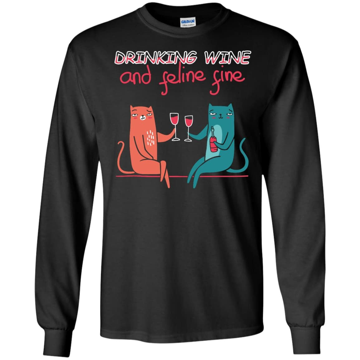 Drinking Wine Feline Fine-T-Shirt & Hoodie-LS Ultra Cotton Tshirt-Black