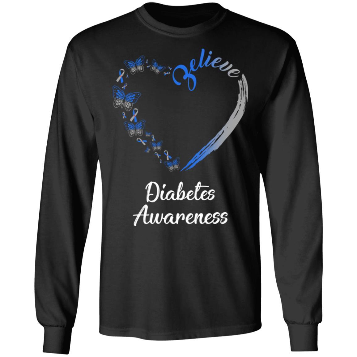 Butterfly Believe Diabetes Awareness Ribbon Gifts-T-Shirt & Hoodie-Long Sleeve T-Shirt-Black