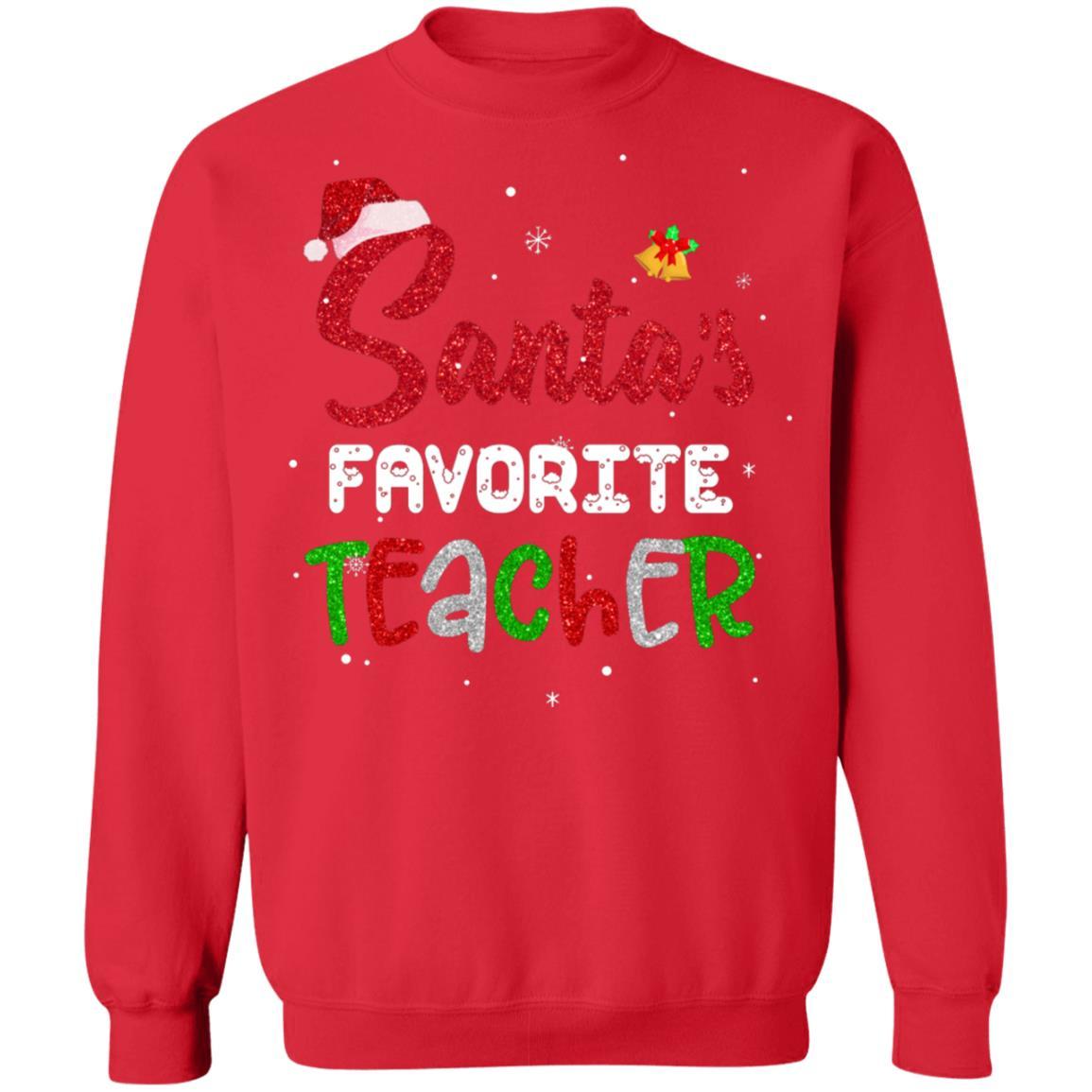Santa's Favorite Teacher Santa Hat Christmas Gifts-T-Shirt & Sweatshirt-Crewneck Sweatshirt-Red