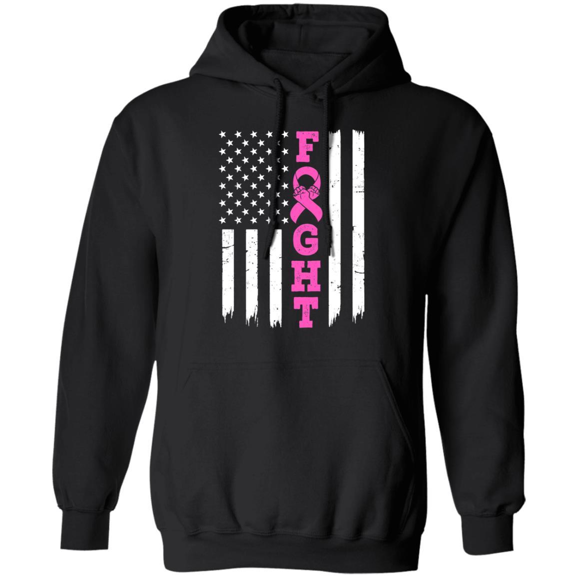Breast Cancer Awareness American Flag Distressed-T-Shirt & Hoodie-Pullover Hoodie-Black