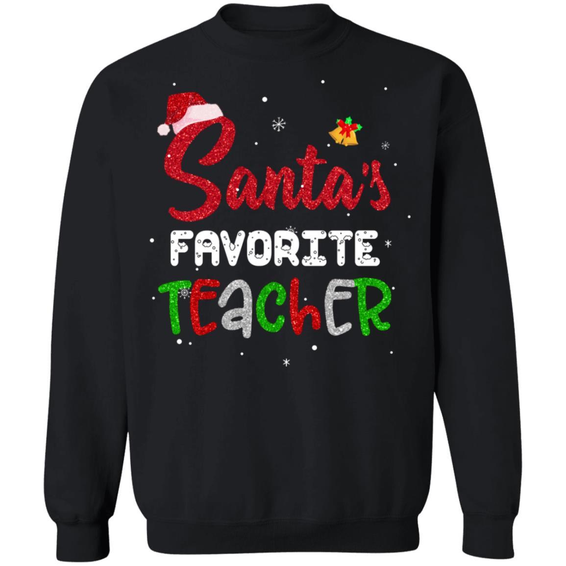 Santa's Favorite Teacher Santa Hat Christmas Gifts-T-Shirt & Sweatshirt-Crewneck Sweatshirt-Black