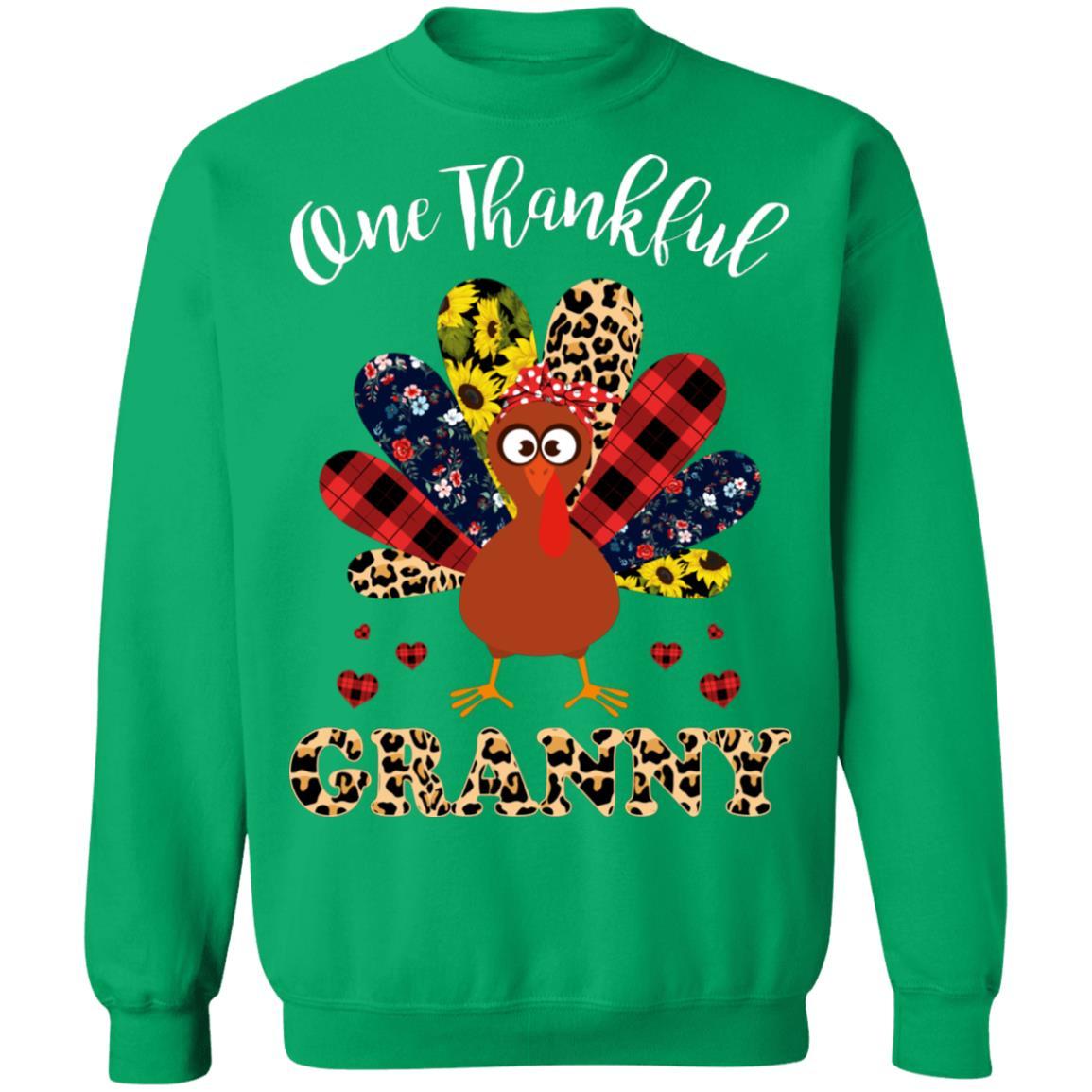 One Thankful Granny Leopard Turkey Thanksgiving Gift-T-Shirt & Sweatshirt-Crewneck Sweatshirt-Irish Green