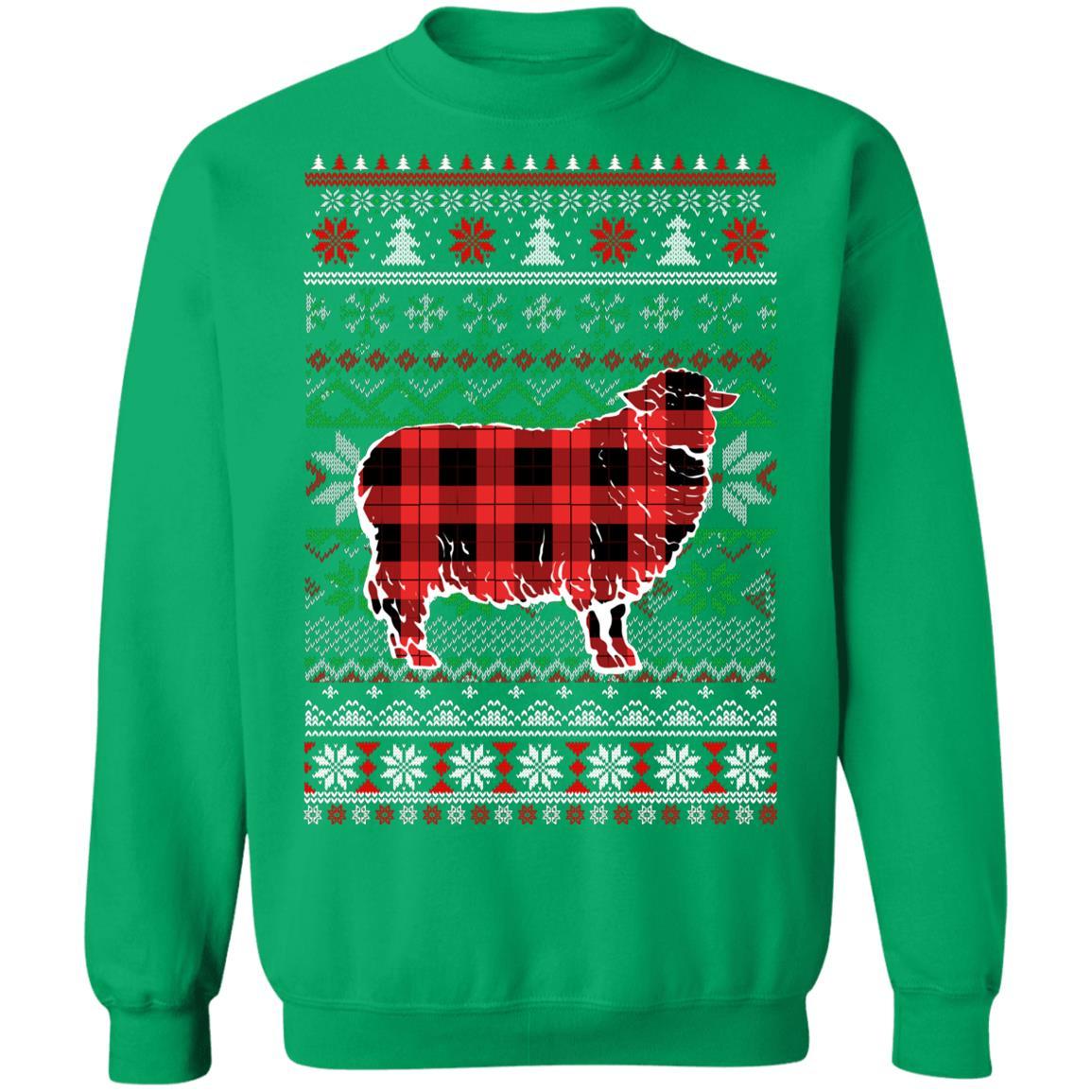 Sheep Red Plaid Ugly Christmas Sweater Funny Gifts-T-Shirt & Sweatshirt-Crewneck Sweatshirt-Irish Green