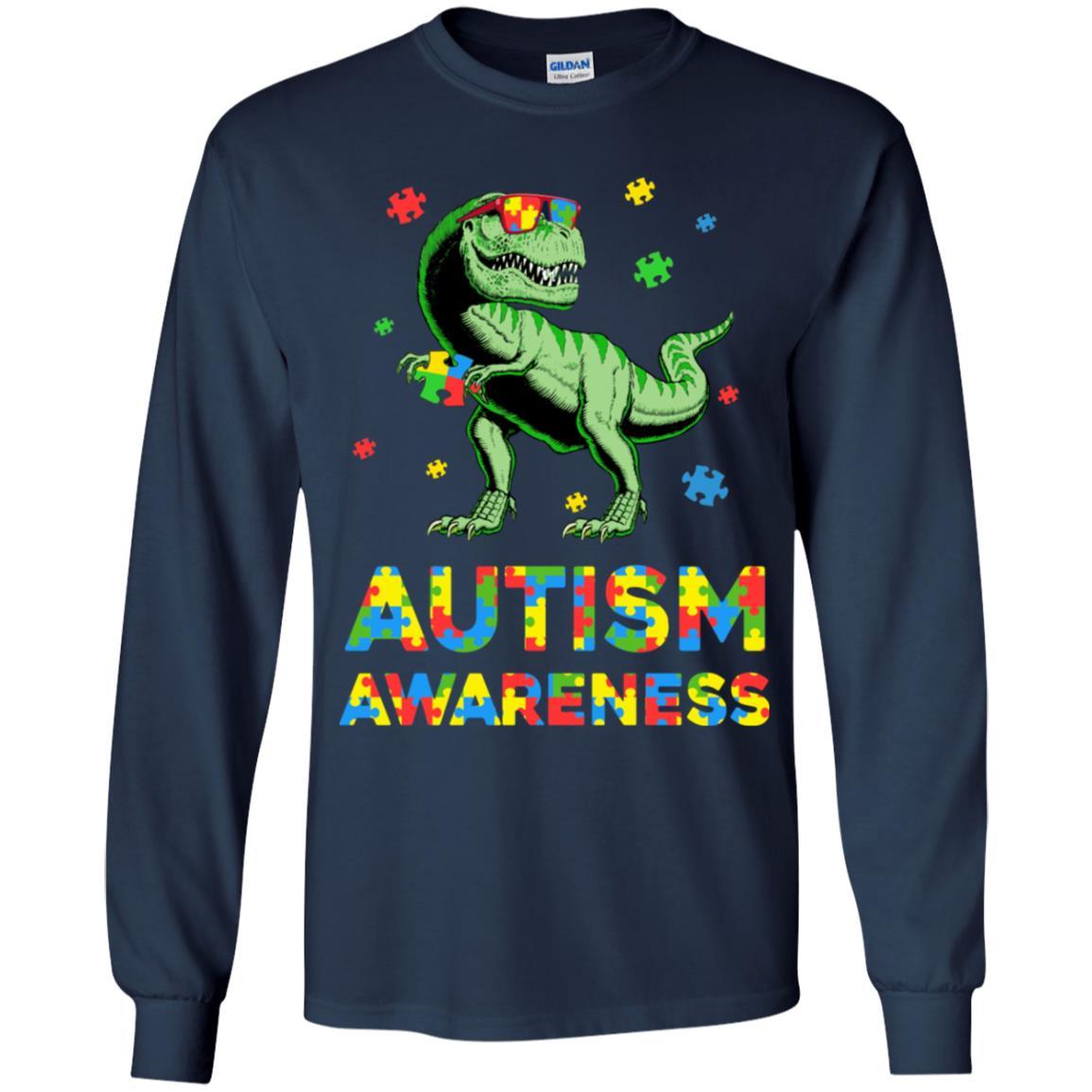 Dinosaur Puzzle Autism Awareness For Boys Girls Youth-Youth Shirt-Youth Long Sleeve T-Shirt-Navy