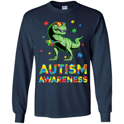 Dinosaur Puzzle Autism Awareness For Boys Girls Youth-Youth Shirt-Youth Long Sleeve T-Shirt-Navy