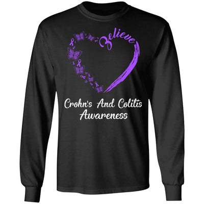 Butterfly Believe Crohn's And Colitis Awareness Ribbon Gifts-T-Shirt & Hoodie-Long Sleeve T-Shirt-Black