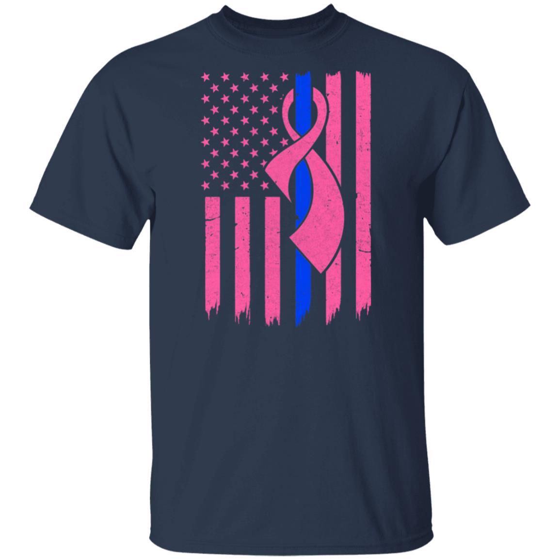 Blue Line Police US Flag Pink Ribbon Breast Cancer Awareness-T-Shirt & Hoodie-Classic T-Shirt-Navy