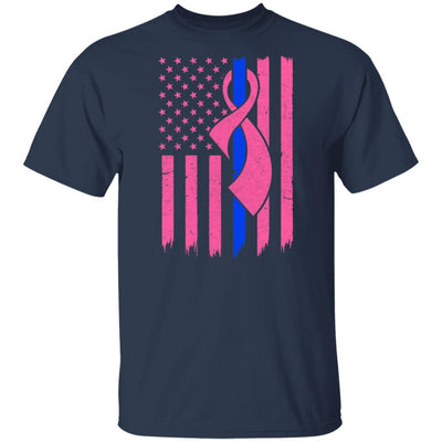 Blue Line Police US Flag Pink Ribbon Breast Cancer Awareness-T-Shirt & Hoodie-Classic T-Shirt-Navy