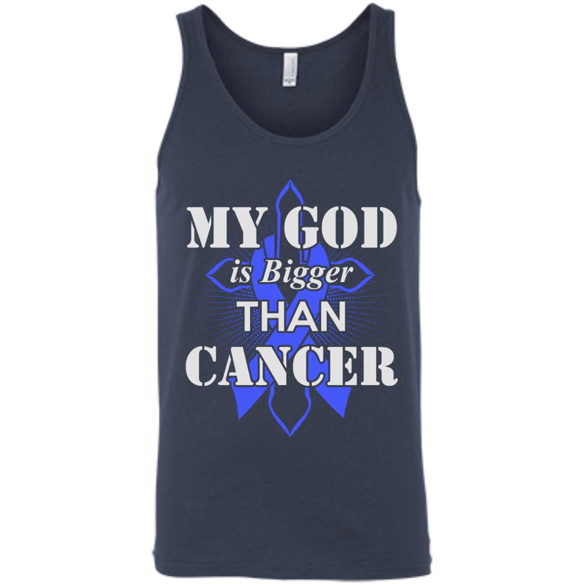 My God Is Bigger Than Cancer Blue Awareness Ribbon-T-Shirt & Hoodie-Unisex Tank-Navy