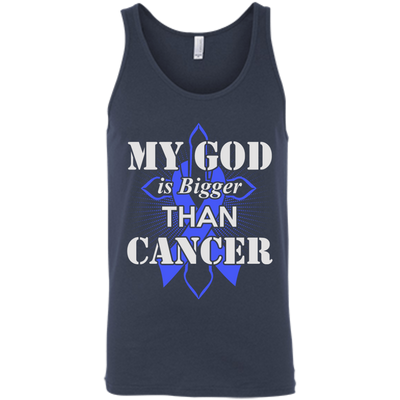 My God Is Bigger Than Cancer Blue Awareness Ribbon-T-Shirt & Hoodie-Unisex Tank-Navy