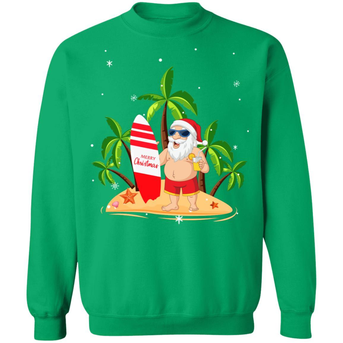 Merry Christmas In July Santa Hawaiian Surfing Summer-T-Shirt & Sweatshirt-Crewneck Sweatshirt-Irish Green