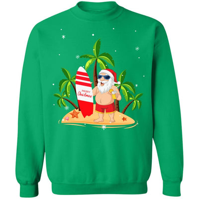 Merry Christmas In July Santa Hawaiian Surfing Summer-T-Shirt & Sweatshirt-Crewneck Sweatshirt-Irish Green