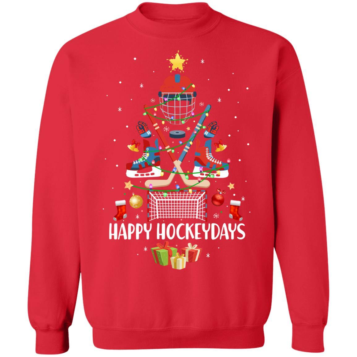 Happy Hockeydays Ice Hockey Christmas Tree Funny Xmas Gift-T-Shirt & Sweatshirt-Crewneck Sweatshirt-Red