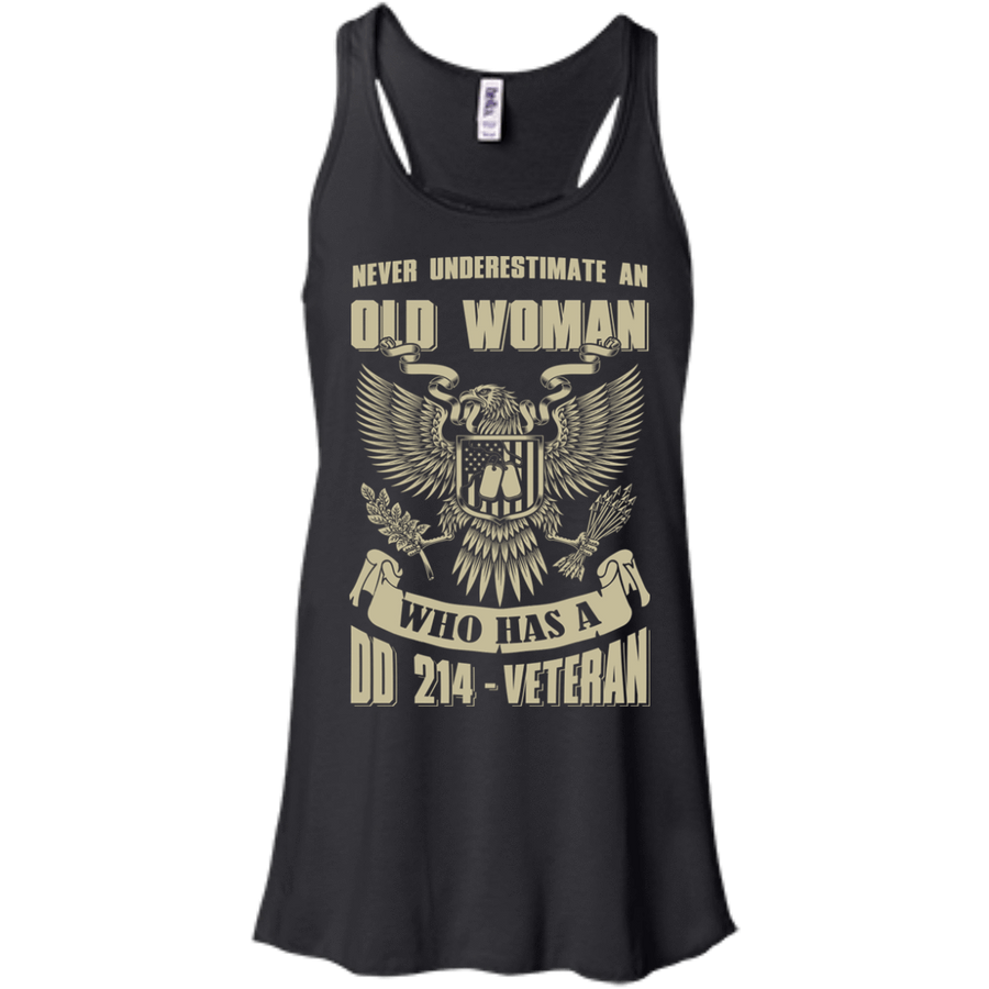 Never Underestimate An Old Woman Who Has A DD-214 Veteran-T-Shirt & Hoodie-Women's Flowy Racerback Tank-Black