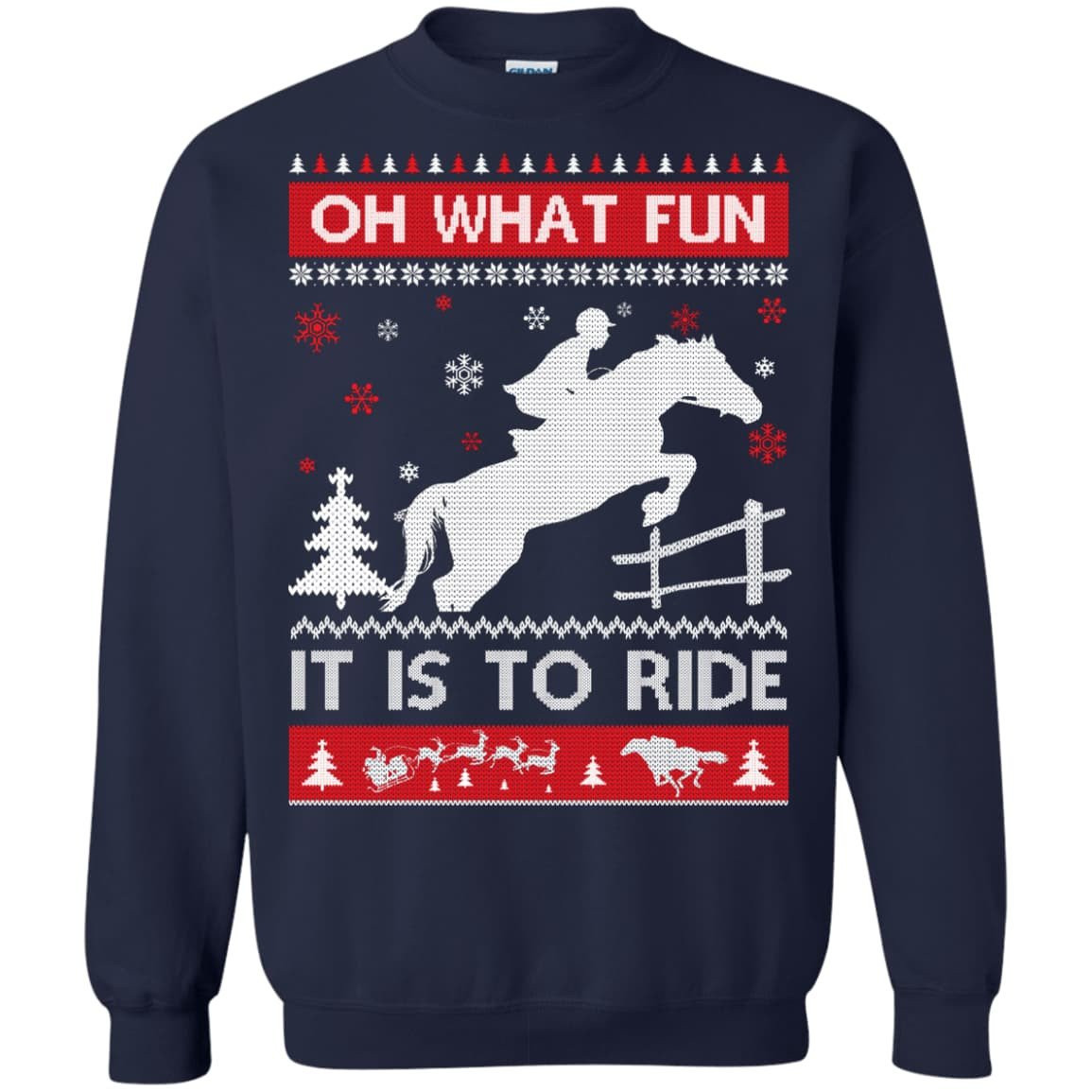 Horse Sweater Christmas Oh What Fun It Is To Ride-T-Shirt & Hoodie-Crewneck Sweatshirt-Navy