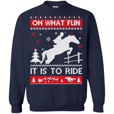 Horse Sweater Christmas Oh What Fun It Is To Ride-T-Shirt & Hoodie-Crewneck Sweatshirt-Navy