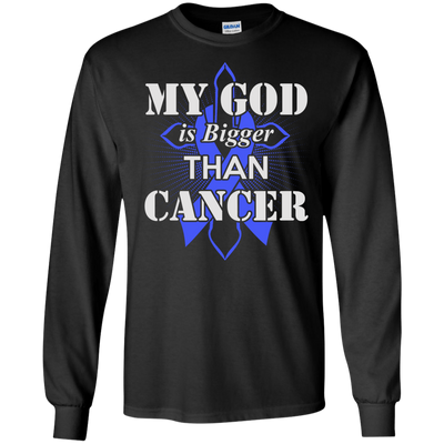 My God Is Bigger Than Cancer Blue Awareness Ribbon-T-Shirt & Hoodie-Long Sleeve T-Shirt-Black