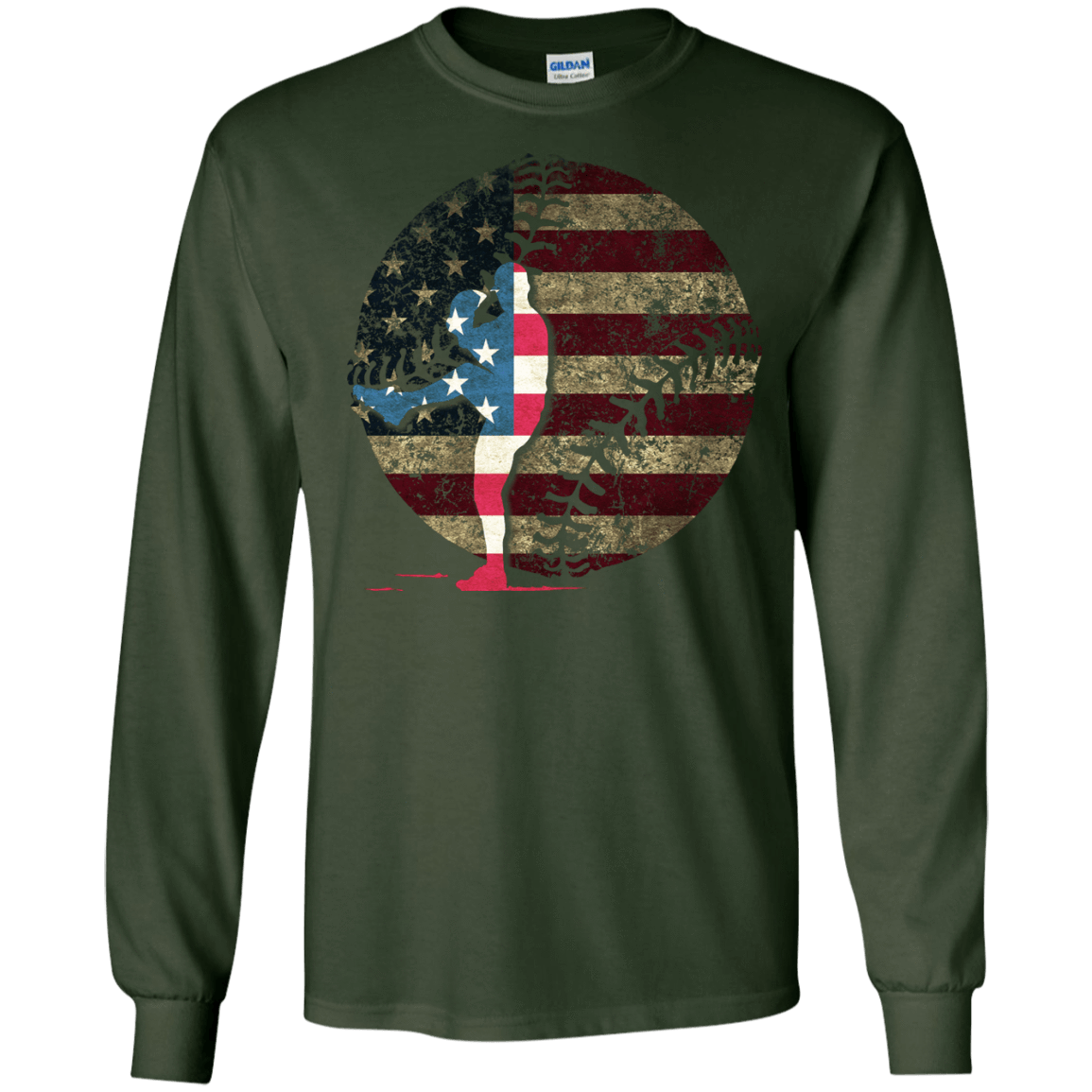 Pitcher Baseball America Flag-T-Shirt & Hoodie-Long Sleeve T-Shirt-Forest Green